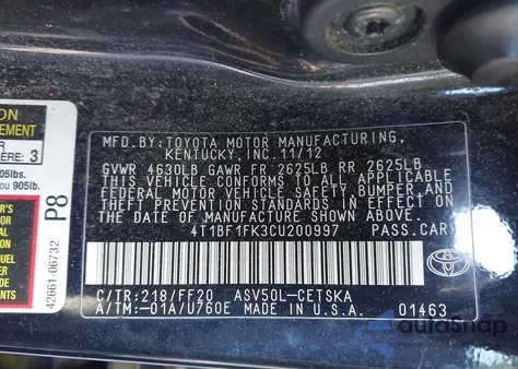 2012 Toyota Camry Se Limited Edition z USA, uszkodzony, nr VIN 4T1BF1FK3CU200997